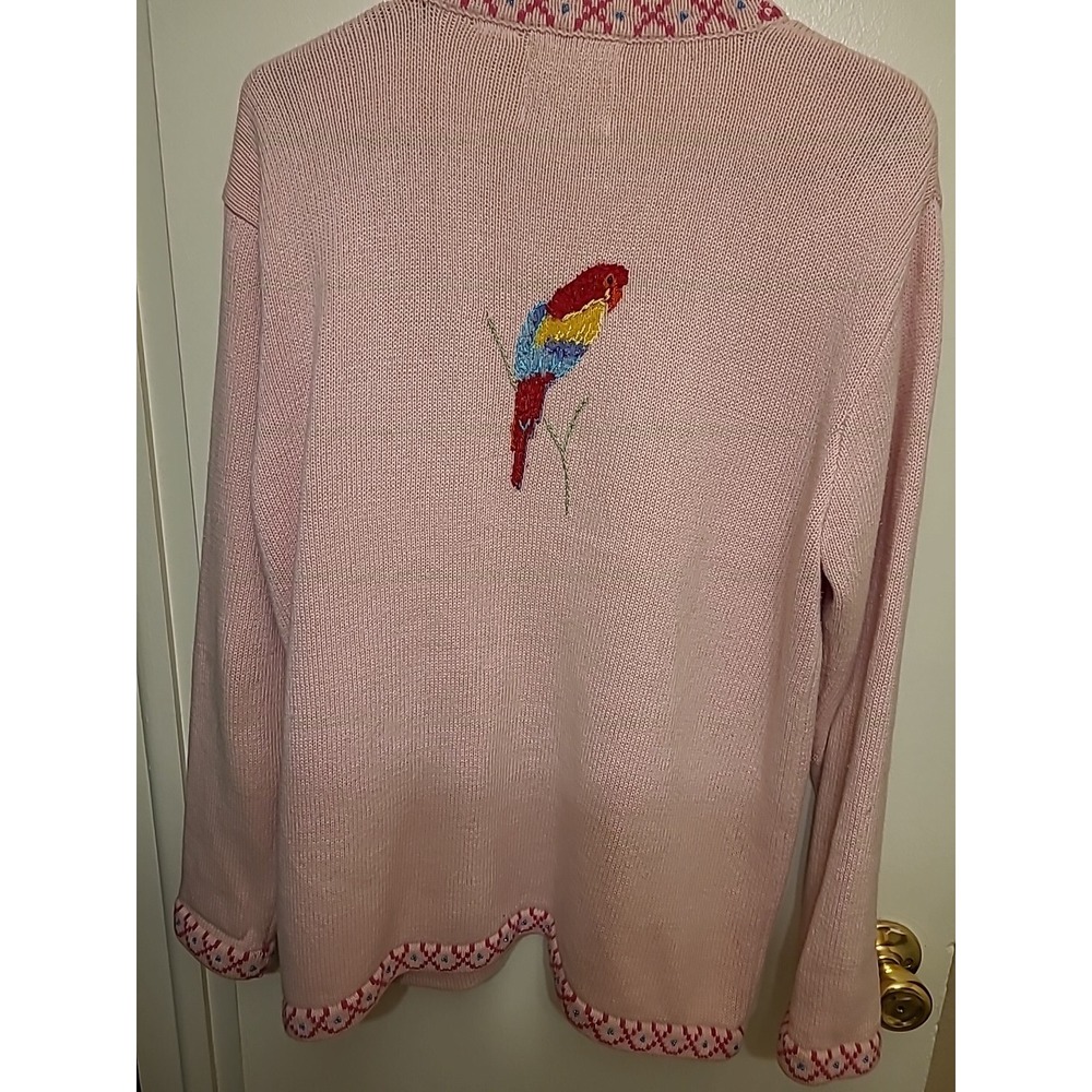 Storybook Sweater Womens Medium Pink Parrots Tropical Cardigan Floral - Picture 7 of 7